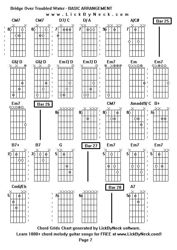 Chord Grids Chart of chord melody fingerstyle guitar song-Bridge Over Troubled Water - BASIC ARRANGEMENT,generated by LickByNeck software.